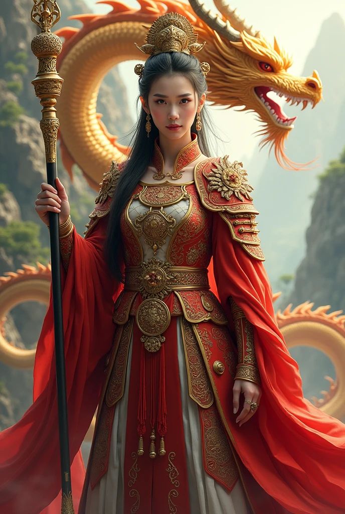 8k Journey to the West woman wallpaper, super detailed, beautiful and aesthetic, heavy Chinese armor: red cloak one hand holding long stick Golden dragon