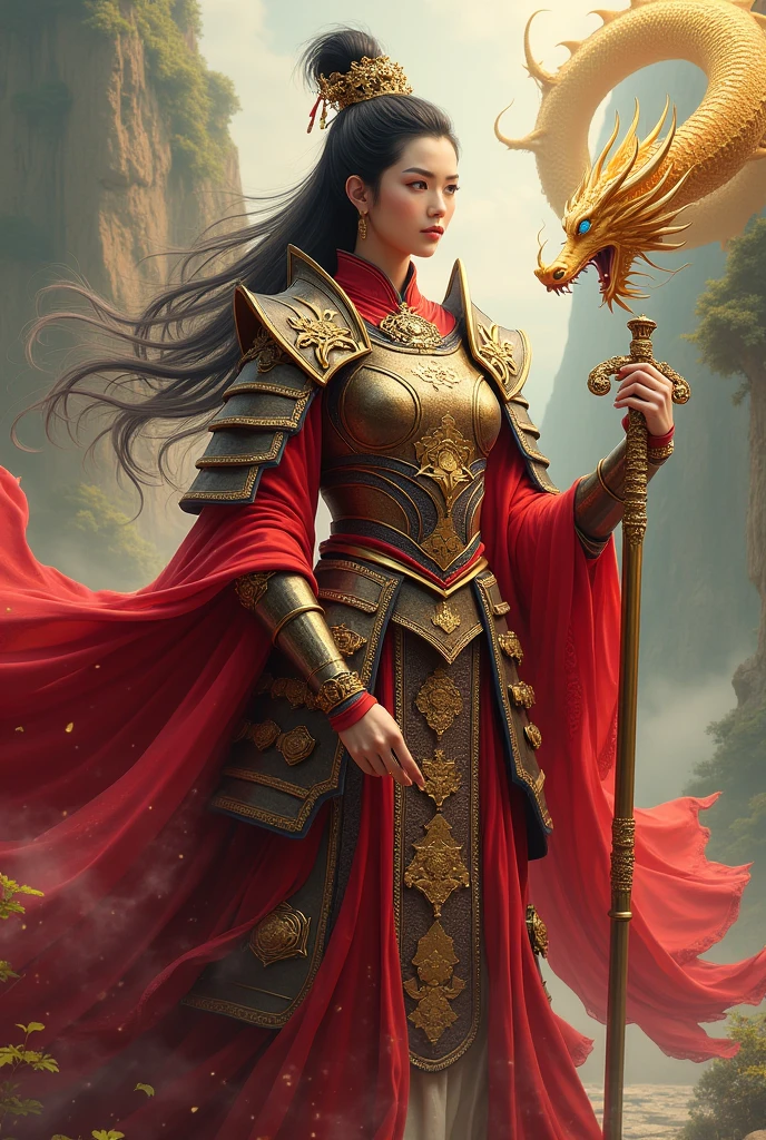 8k Journey to the West woman wallpaper, super detailed, beautiful and aesthetic, heavy Chinese armor: red cloak one hand holding long stick Golden dragon
