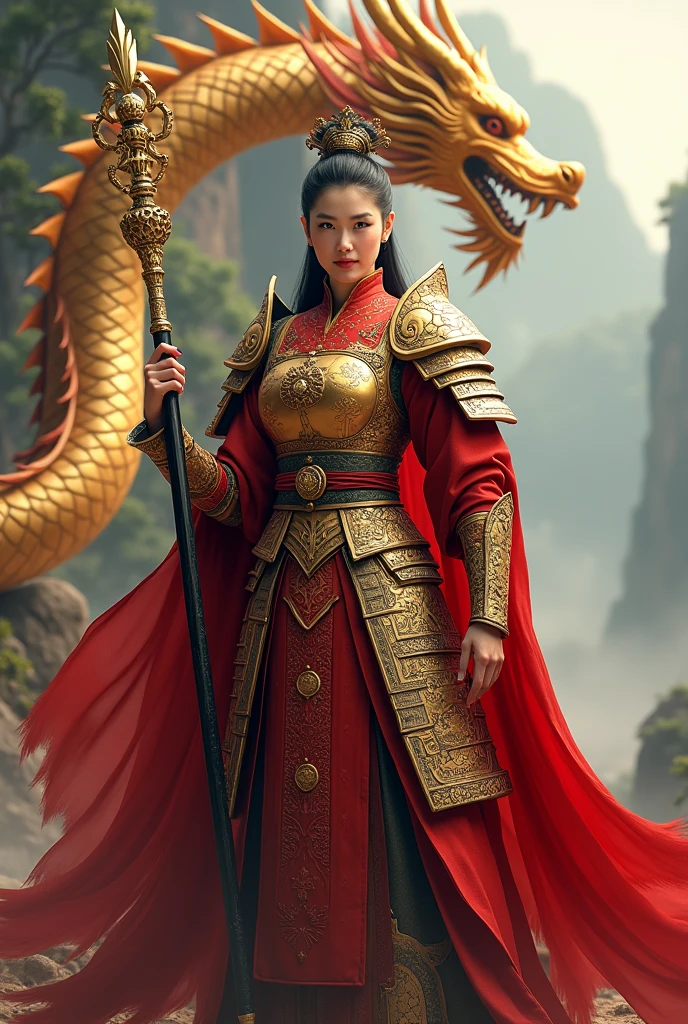 8k Journey to the West woman wallpaper, super detailed, beautiful and aesthetic, heavy Chinese armor: red cloak one hand holding long stick Golden dragon