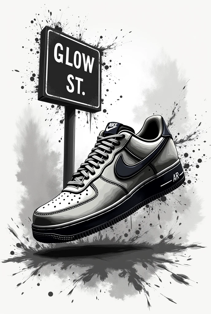 Nike Air Force One sketch with a splattered art style and a street sign that reads 'Glow St' similar to Los Angeles, black and white with brushes and spray paint in the background, vertically.