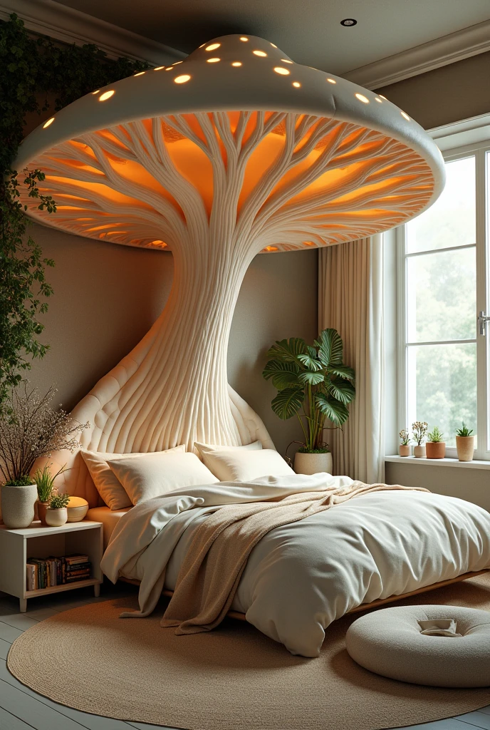 A bedroom with a bed that is a mushroom