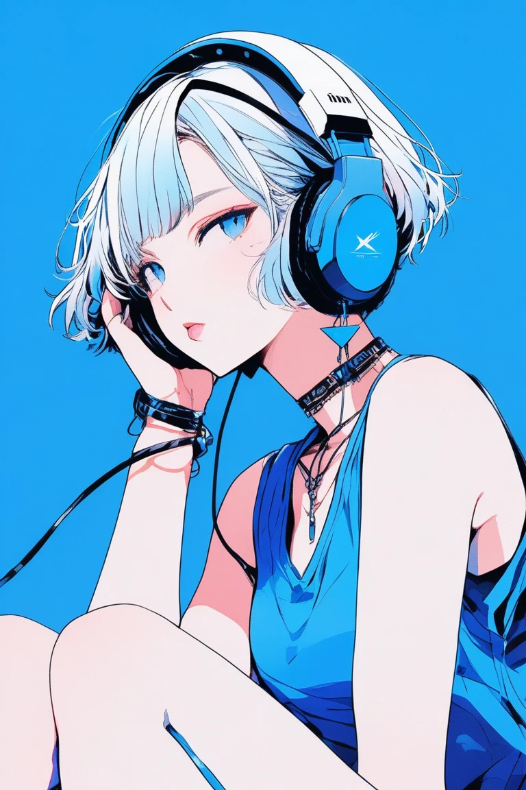 ((masterpiece,Highest quality)), 8k, anime , Realistic ,sketch, anime風のポートレート, animeの女性, 20-year-old, Blue gradient background, Tank top mesh knit, Neon short bob hair, lip, Big earrings, Wear headphones, Sitting on the music amplifier, Texture Trim, Canadian, whole body, (masterpiece,Highest quality)