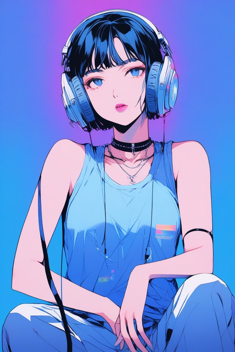 ((masterpiece,Highest quality)), 8k, anime , Realistic ,sketch, anime風のポートレート, animeの女性, 20-year-old, Blue gradient background, Tank top mesh knit, Neon short bob hair, lip, Big earrings, Wear headphones, Sitting on the music amplifier, Texture Trim, Canadian, whole body, (masterpiece,Highest quality)