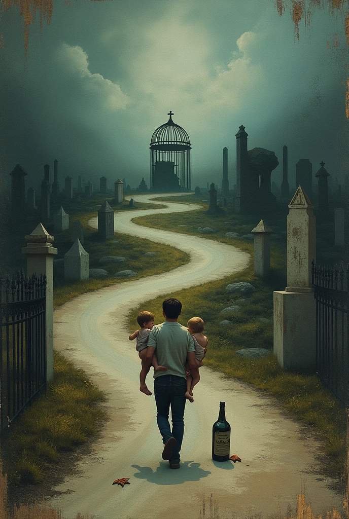 Draw cover book with a road that goes up and down and display a man carrying 2 and after some distance show bottle that symbolizes alcohol, along the road also draw cemetery at the end of the road draw cage