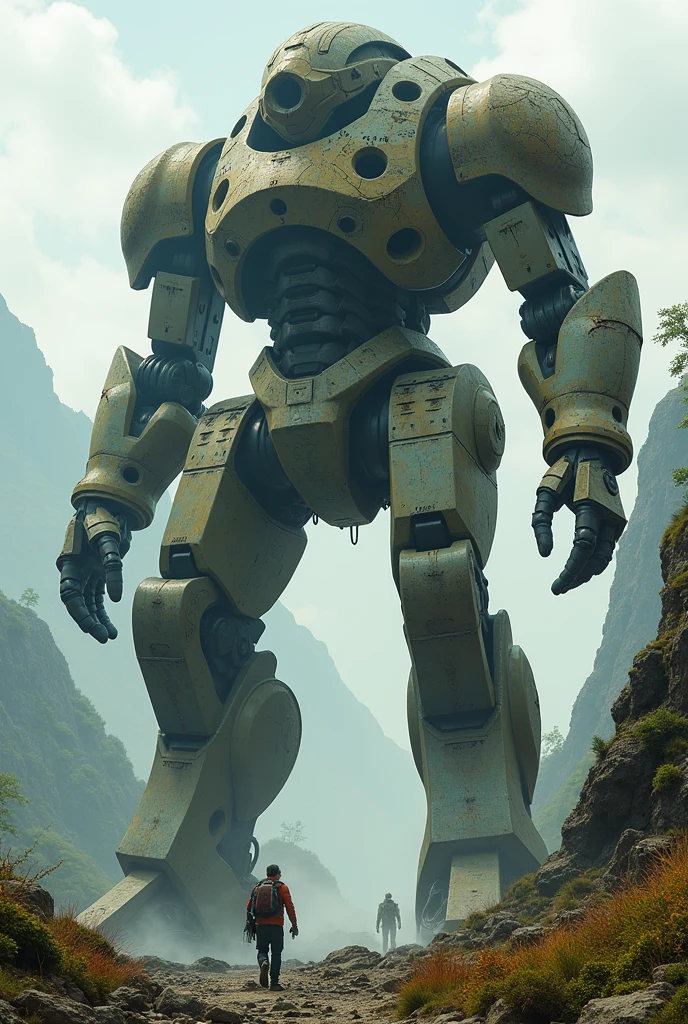ultra huge mechanical soldier of a super ancient civilization, bigger than a mountain, (((organic forms))), style of Nausicaa, broken and still moving, rust, moss, cracks,