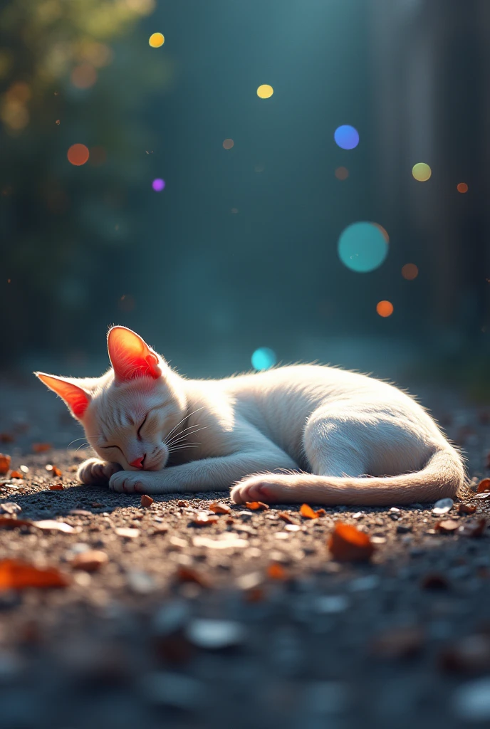 1 slim cat is sleeping on the dirty ground with the light shining on its, in the style of colorful prisma, erased and obscured, multiple flash, 2