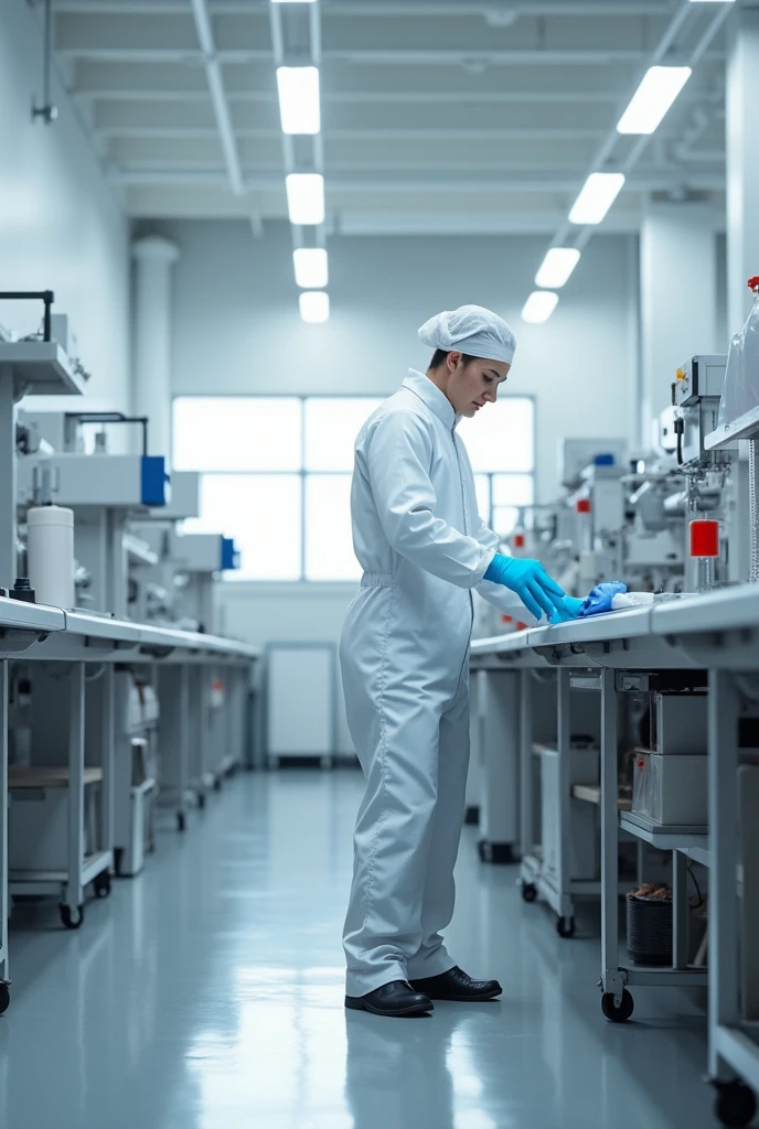a person in white protective clothing, with blue gloves, cleaning a clean and organized factory environment, White walls, ultra realistic realistic