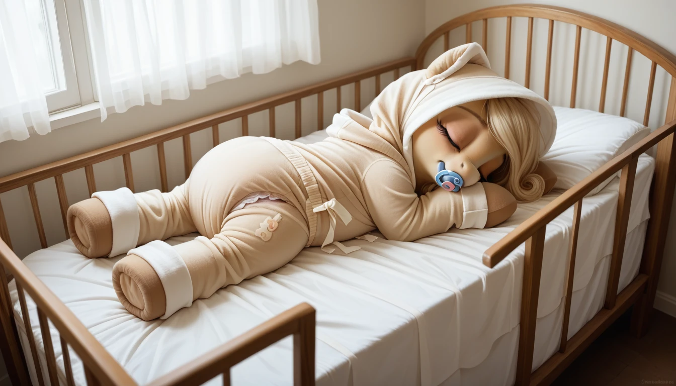 pony, beige earth pony, no horn, no wings, adult mare, closed eyes , sleeping in the crib, dressed in an onesie, bonnet and booties, pacifier in mouth, solo, thick diaper under clothes. 