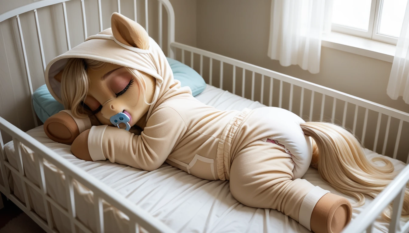 pony, beige earth pony, no horn, no wings, adult mare, closed eyes , sleeping in the crib, dressed in an onesie, bonnet and booties, pacifier in mouth, solo, thick diaper under clothes. 