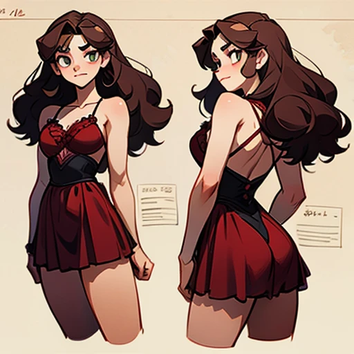 Teenage werewolf girl, with wolf features covered in brown hair with a very pronounced fang coming out of her mouth, big eyes and curly hair.
Cin complexión atletica y musculosa delgada y de caderas amplias Body hair cover
Dressed in red vintage erotic Lingerie
(((character sheet))) ((various views)) ((front and back) (Face detail) (full body)