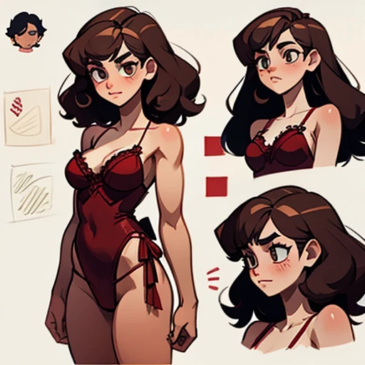 age werewolf girl, with wolf features covered in brown hair with a very pronounced fang coming out of her mouth, big eyes and curly hair.
Cin complexión atletica y musculosa delgada y de caderas amplias Body hair cover
Dressed in red vintage erotic Lingerie
(((character sheet))) ((various views)) ((front and back) (Face detail) (full body)
