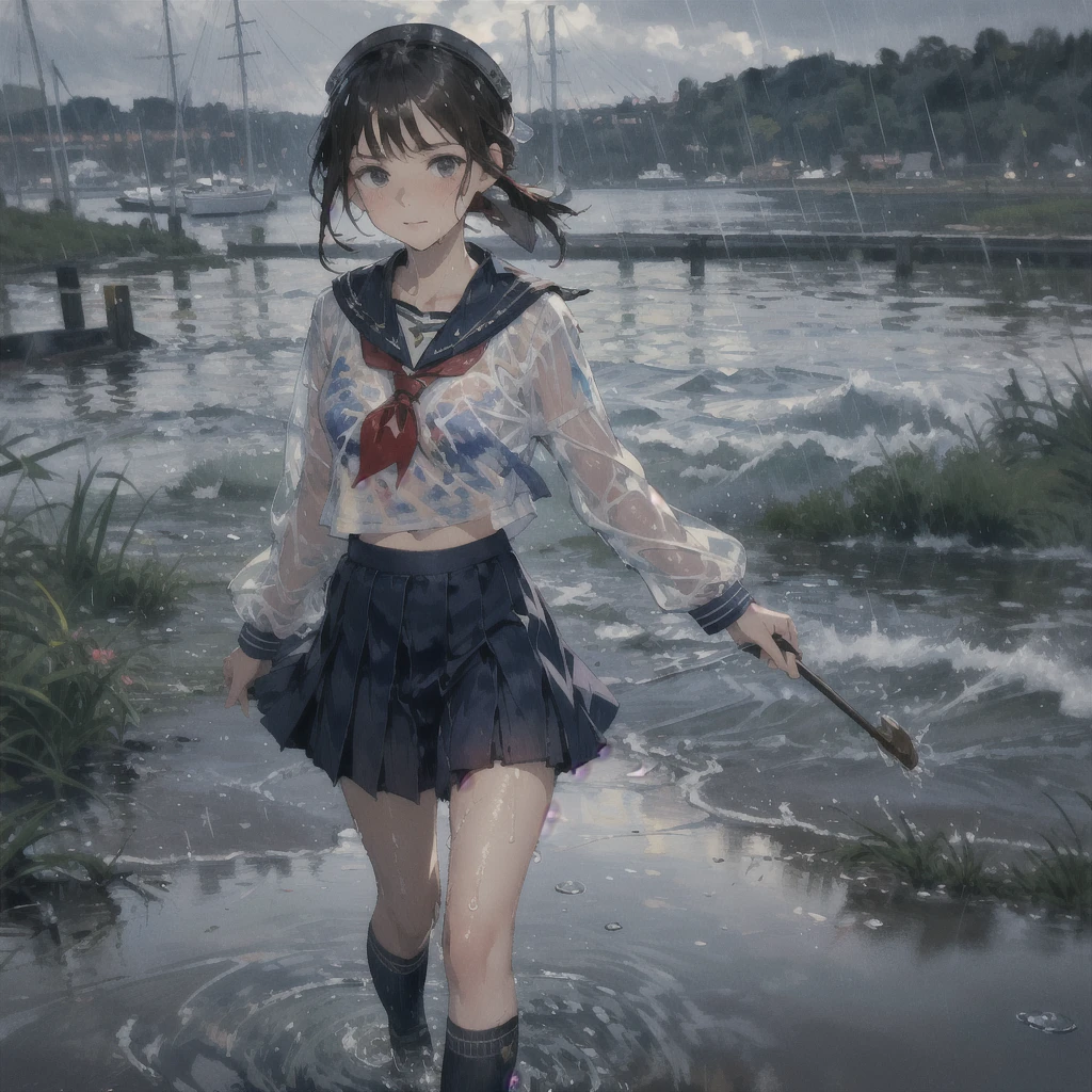 Browsing Caution, Avoid adult content, woman,  evening, It rains:1.21, raindrop, Road along the river, puddle, walk, Low Ponytail, Brown Hair, bangs, Long eyelashes, Beautiful Eyes, full，Summer Uniforms:1.21, ((school sailor uniform, serafuku:1.37)), ((Navy Mini Skirt:1.21)), Red ribbon, Flat Chest, socks, loafers, Underwear visible through the jacket, (Strokes, Impressionism, Painting, Rich landscape), Disarray, Close-fitting clothes, Breast contour, ((Wet clothes)), See-through clothing, Movie Lighting,