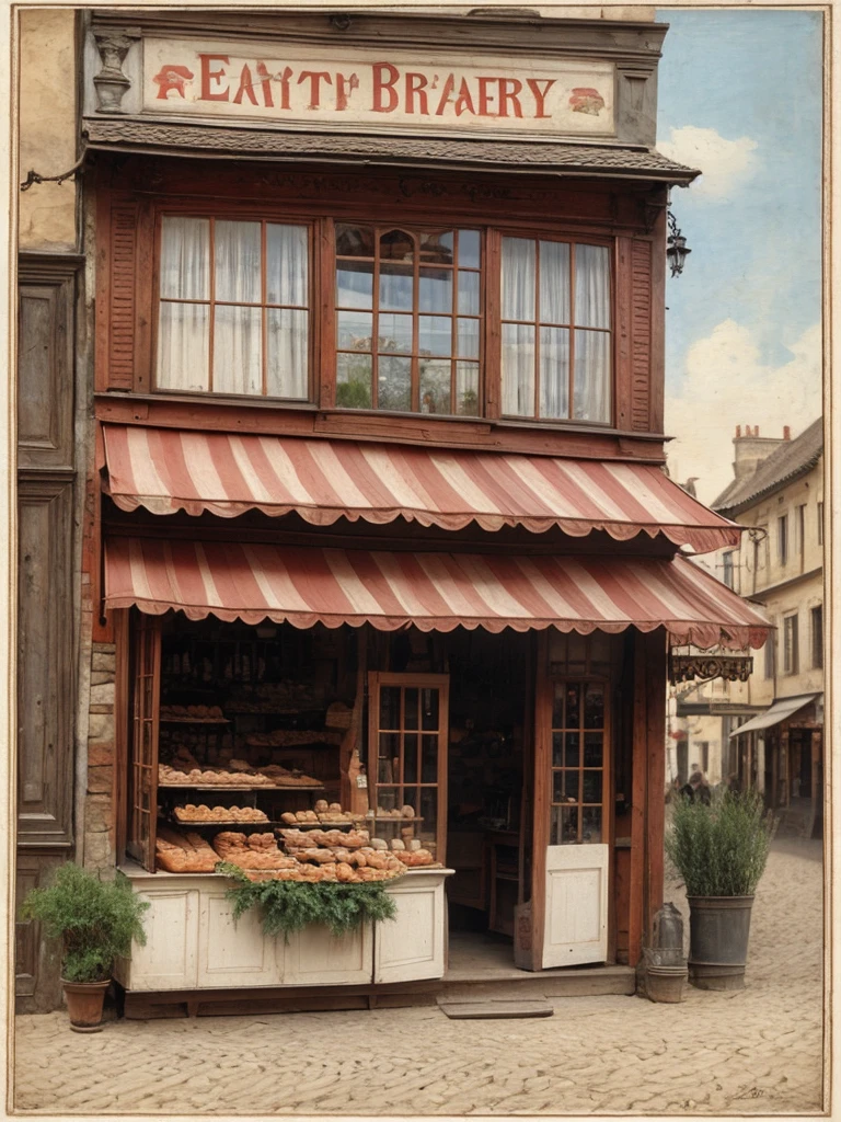 realistic picture,19th early century,in Europe,small bakery's external appearance,modest,a few bread