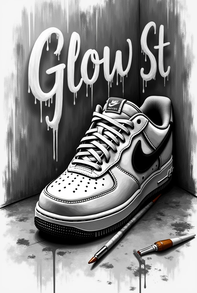 Sketch of a Nike Air Force One, stained, drip art and street lettering that says 'Glow St' like Los Angeles, black and white with brushes and spray cans behind, vertical, no.He wipes the brushes