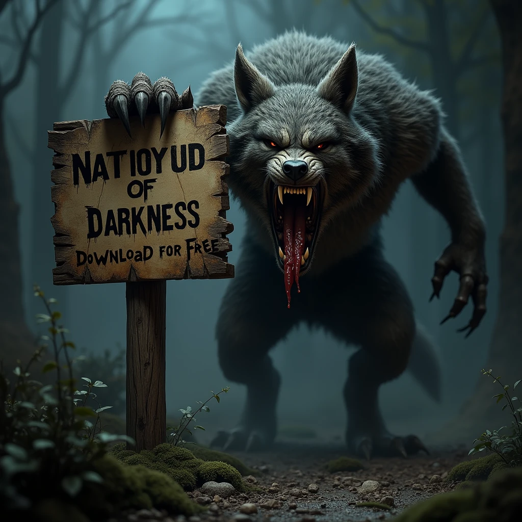 The werewolf opened its mouth wide and bit into the wooden signpost,The sign read "Nations of Darkness",Download for Free“