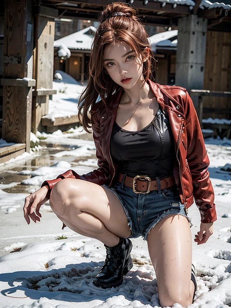 Wearing a brown tube top,Red ultra-short leather vest jacket,Red super shorts,belt,A young girl with short golden hair wearing black women's leather shoes.,Close-up of kneeling on one knee in the snow,Full body close-up