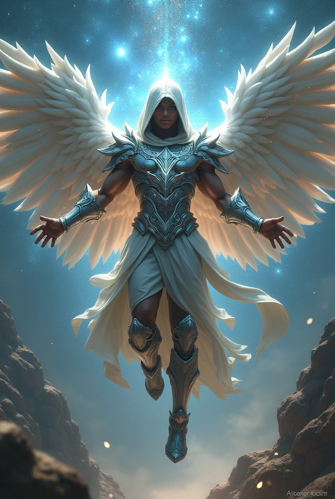 (adolescent) (masculine ) (with mixed skin complexion) (Hispanic appearance)( guerrero) ( With Silver Wings) (levitating) and with (celestial armor ) ( con una capucha que cubre They are rostro) and with (a cosmic aura) They are (Face cannot be seen)