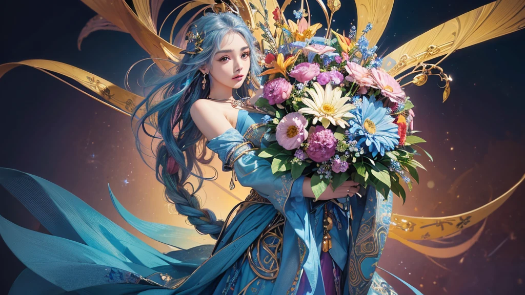 32K, 最高quality, 最高masterpiece, (ultra-Detailed Background, Detailed Background), High resolution, Super detailed, Very detailedな, 1 personの, (bouquet:1.3), (Tangled:1.2), (Geometric:1.2),(colorful),(masterpiece, quality, best quality, Official Art, Beautiful and beautiful:1.2), (1 person:1.3), Very detailed,(colorful:1.1)(Flowers:1.3),Most detailed,(Tangled:1.2), whole body, (Abstract background:1.3), (Skin glows), (Many colors:1.4), ,(Earrings Jewelry:1.5), Light blue and gradient background,
