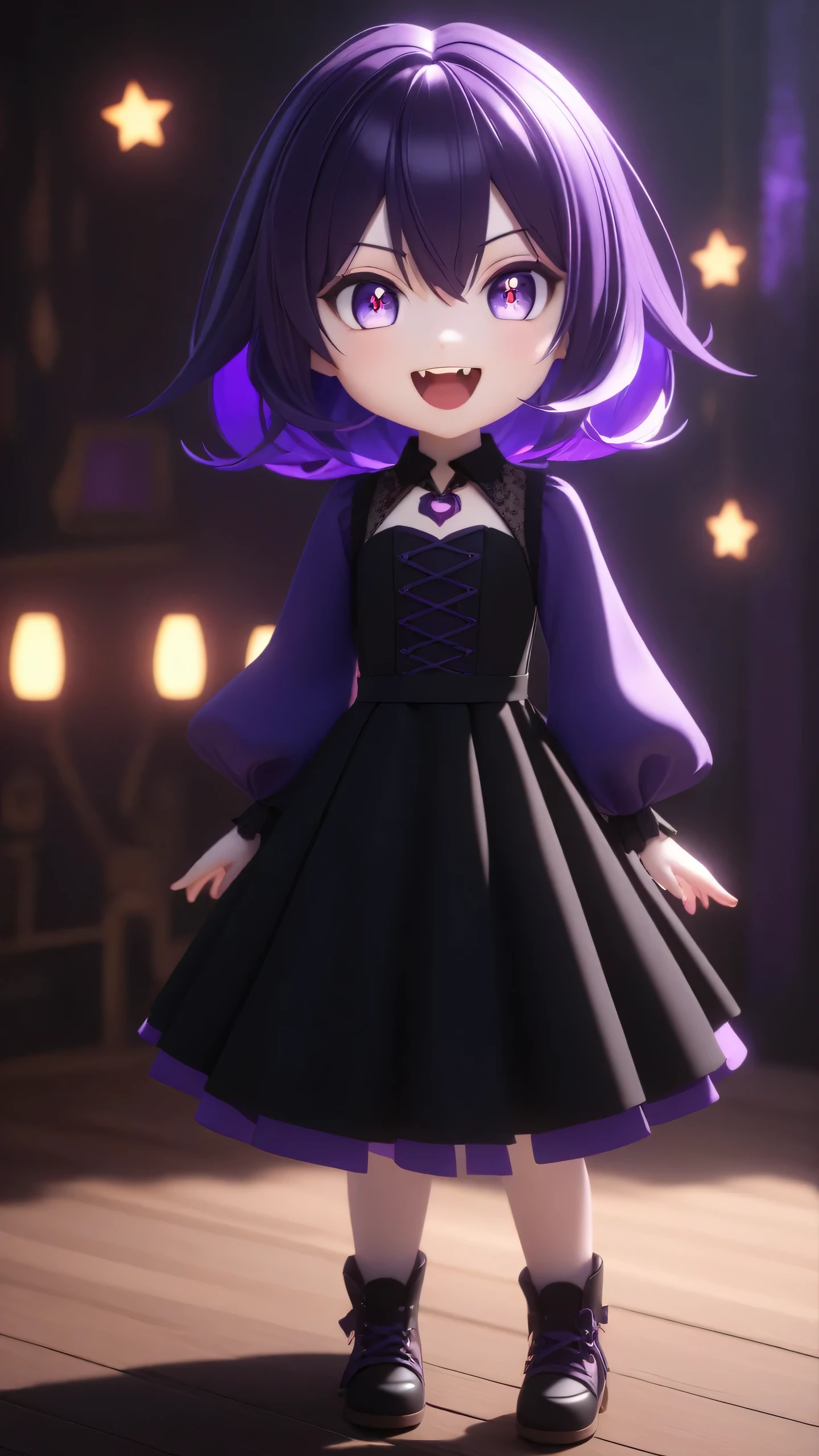 chibi vampire girl, detailed eyes, excited expression, star-shaped eyes, black dress, purple and black color palette,  shadows, digital art, octane render, cinematic lighting, 