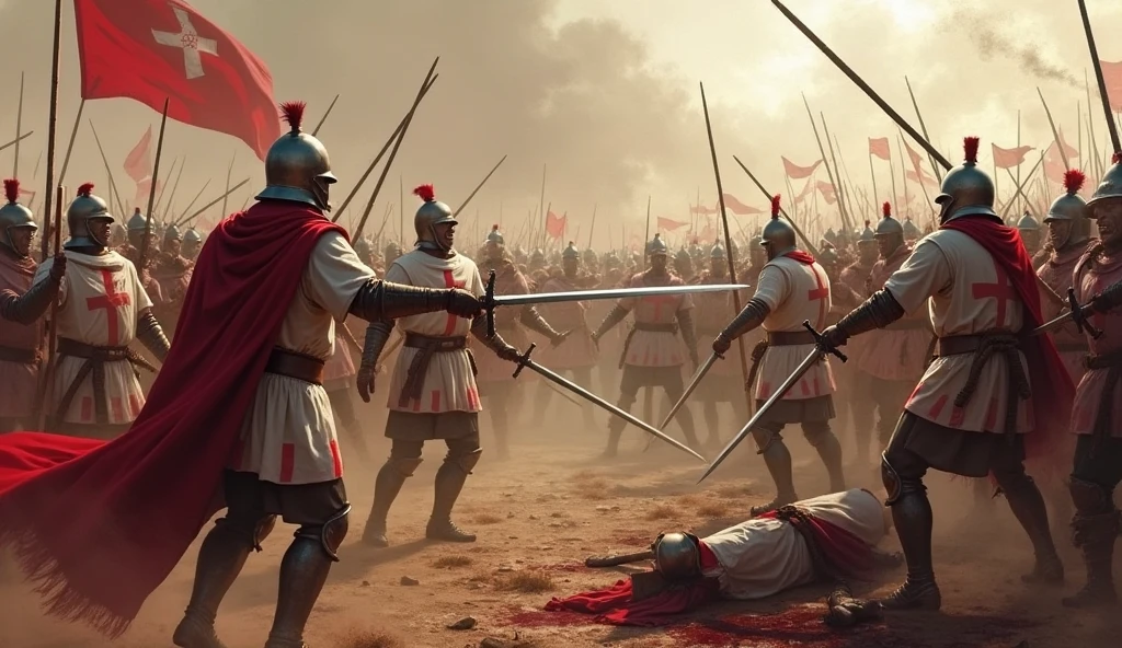 A brutal battle scene between the Crusaders, resembling the knight in the image, and the Roman army. The Crusaders, clad in white tunics with red crosses, wearing steel helmets and armor, engage in fierce combat against the Roman soldiers. The battlefield is chaotic, with swords clashing and blood spilling. Crusaders and Romans alike fight with intensity, surrounded by the bodies of fallen soldiers. The atmosphere is tense and filled with the sounds of war, with dust and smoke rising from the ground. The Crusaders, with their distinct cross symbols, are locked in a deadly struggle against their Roman adversaries.
