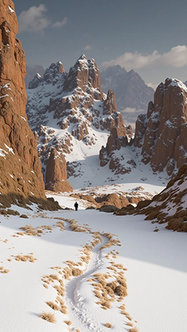 film art, concept art, masterpiece, wide-angle perspective, S-shaped composition, a picture of the mountain scenery from near to far in a cinematic vision, with distinct levels, clear high and low, distant sunset on the top of a snowy mountain, HD texture, distant layered snowy mountains, white clouds,