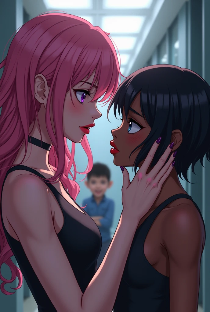 Sexy pink hair girl, curly and long, with big pink lips, with long eyelashes violet eyes, They look into each other&#39;s eyes with another embarrassed dark-skinned girl with blue eyes as she touches her lips tensely ,dark skinned dwarf , short black pixie hair cut very short above the ears in a catholic school 