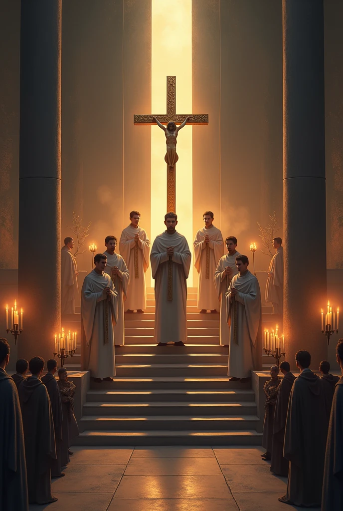 Make an image that depicts a photograph after the solemn Pentecost Mass:
Description: a staircase with only 3 steps, on the highest step there will be 9 Acolytes, one with a processional cross, naveteiro and turiferario on the side of the acolyte of the cross, on the sides 3 ceroferarios with candlesticks of lit candles ( 3 on each side )