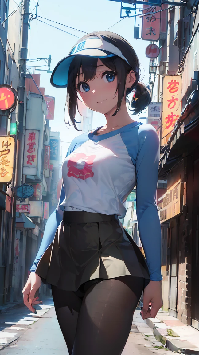 masterpiece, Highest quality, High resolution, Very detailed,(((May))), (((Neon sign)))、(((Alley)))、(((smile)))、(((Standing in the distance))), (((pantyhose)))、(((ショートパンツの下にpantyhose)))、(((Raglan sleeves)))、(((skirt)))、(((黄色のskirt)))、(((White shirt)))、(((Blue Sleeves)))、(((Long sleeve)))、(((Visor Cap)))、