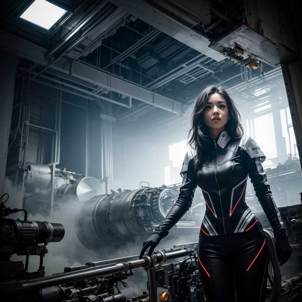 Candid photo of a female engineer repairing the engine of a huge spaceship, Wearing a tight futuristic space suit, masterpiece, (Beautiful and big eyes:1.1), Intricate details, Very complex iris, close, Neon Light, thick smoke, Cyberpunk atmosphere, Flash lighting, Shot with a Bolex H16, Expired Ektachrome film