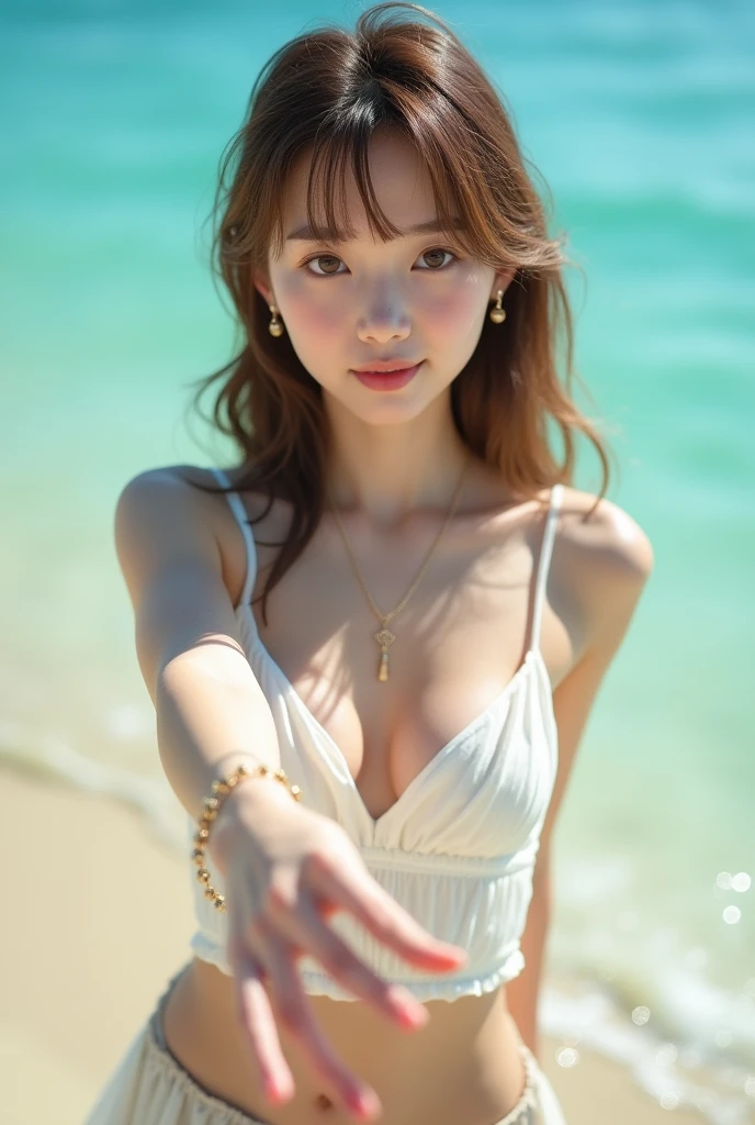 (masterpiece, 8k, best quality, RAW photo, photo realistic, ultra detailed), (insanely detailed and intricate:1.2), (beautiful Japanese girl), slender, 20yo, kawaii, cute, detailed face, detailed eyes, brown eyes, (thin eyebrow), detailed skin, (light brown hair), (wavy hair), (medium hair), blush, (small breasts), cleavage, (white cropped brause:1.4), (flare skirt), earrings, (necklace), bracelet, (looking at viewer:1.4), (close-up face:1.1), (seductive pose:1.2), (standing:1.2), (reaching out), (wistful smile), (straw hat), BREAK (overlooking turquoise sea), (sunlight), (beach), (cowboy shot)