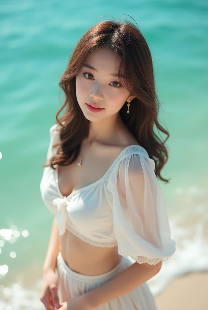 (masterpiece, 8k, best quality, RAW photo, photo realistic, ultra detailed), (insanely detailed and intricate:1.2), (beautiful Japanese girl), slender, 20yo, kawaii, cute, detailed face, detailed eyes, brown eyes, (thin eyebrow), detailed skin, (light brown hair), (wavy hair), (medium hair), blush, (small breasts), cleavage, (white cropped brause:1.4), (flare skirt), earrings, (necklace), bracelet, (looking at viewer:1.4), (close-up face:1.1), (seductive pose:1.2), (standing:1.2), (reaching out), (wistful smile), (straw hat), BREAK (overlooking turquoise sea), (sunlight), (beach), (cowboy shot)