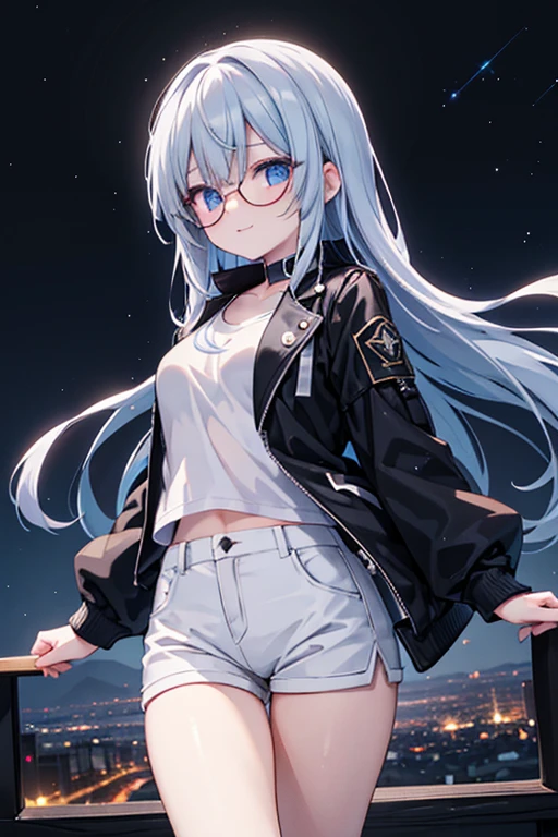 anime style, super fine illustration,masterpiece,best quality, highly detailed, dynamic angle, beautiful detailed, 8k, On a summer night, at the observatory at the top of the mountain, BREAK 白い短髪猫耳娘, transfixed by the beautiful night view of the city, is holding a handgun. perfect hands,perfect fingers,Her blue eyes are shining and she is smiling. BREAK The night view sparkles in the background.BREAK (white T-shirt:1.2),(black hot pants:1.2),(black jacket:1.2),Small breasts,BREAK sunglasses,