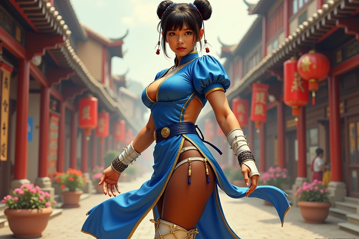 A movie poster depicting a female fighter (Chun-Li) wearing blue dress, (pelvic curtain, brown pantyhose, china dress), white cross-laced boots, bracelet, gold trim, jewelry, puffy sleeves, sash, short sleeves, side slit, spiked bracelet, spikes, double bun, hair accessories, cleavage, backround, in a folkloric chinese street, with the words "Street Fighter" written in large letters in the center, style by Urushihara Satoshi, 