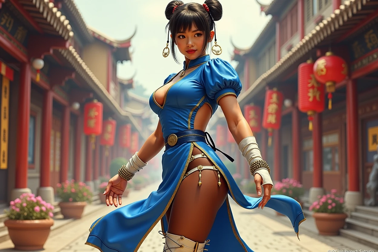 A movie poster depicting a female fighter (Chun-Li) wearing blue dress, (pelvic curtain, brown pantyhose, china dress), white cross-laced boots, bracelet, gold trim, jewelry, puffy sleeves, sash, short sleeves, side slit, spiked bracelet, spikes, double bun, hair accessories, cleavage, backround, in a folkloric chinese street, with the words "Street Fighter" written in large letters in the center, style by Urushihara Satoshi, 