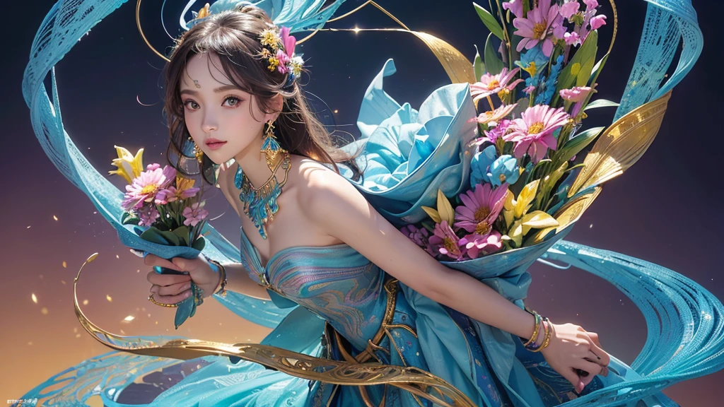 32K, 最高quality, 最高masterpiece, (ultra-Detailed Background, Detailed Background), High resolution, Super detailed, Very detailedな, 1 personの, (bouquet:1.3), (Tangled:1.2), (Geometric:1.2),(colorful),(masterpiece, quality, best quality, Official Art, Beautiful and beautiful:1.2), (1 person:1.3), Very detailed,(colorful:1.1)(Flowers:1.3),Most detailed,(Tangled:1.2), whole body, (Abstract background:1.3), (Skin glows), (Many colors:1.4), ,(Earrings Jewelry:1.5), Light blue and gradient background,