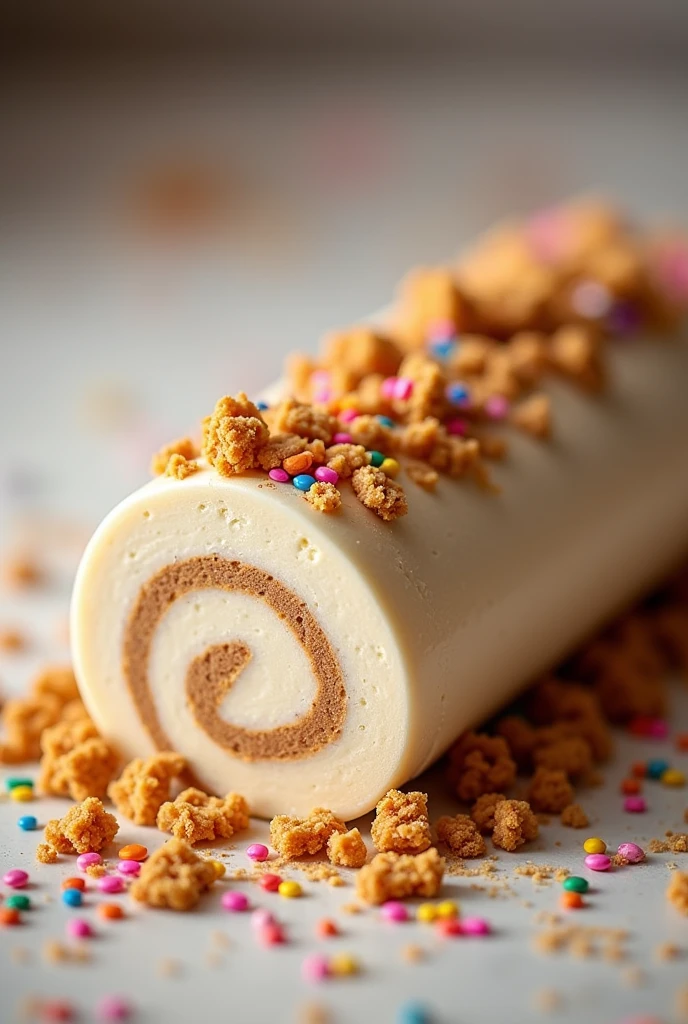 Roll ice cream with cookies and sprinkles on top close up photo 