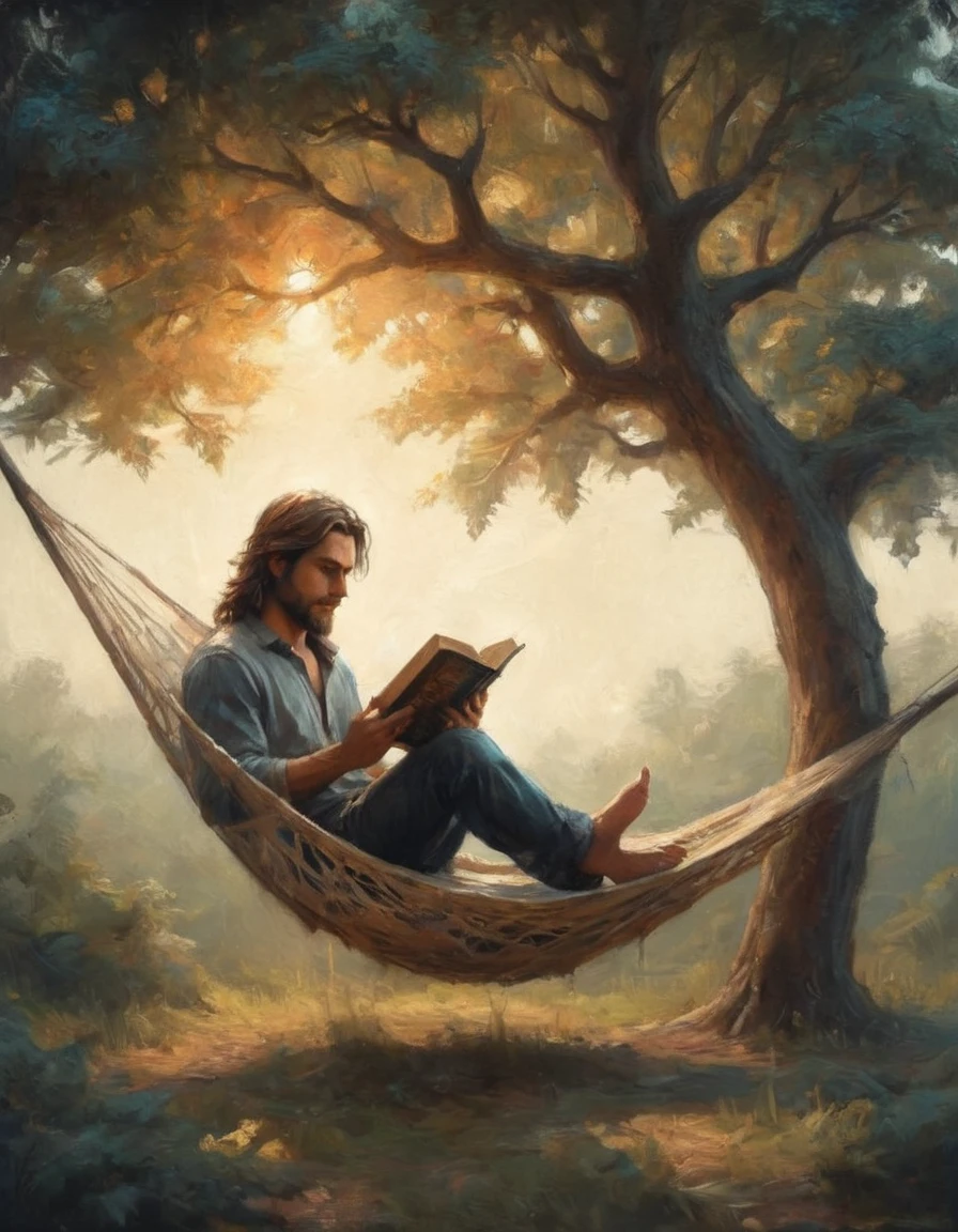 Hyperreal digital art style, "Fairytale", fantasy world coming out of centered book, open book, hyperdetailed double exposure fantasy illustration, masterpiece, cinematic, by Andreas Lie, Luke Gram, photorealism, backlit, gorgeous light, a man with long hair resting in a hammock reading a book
