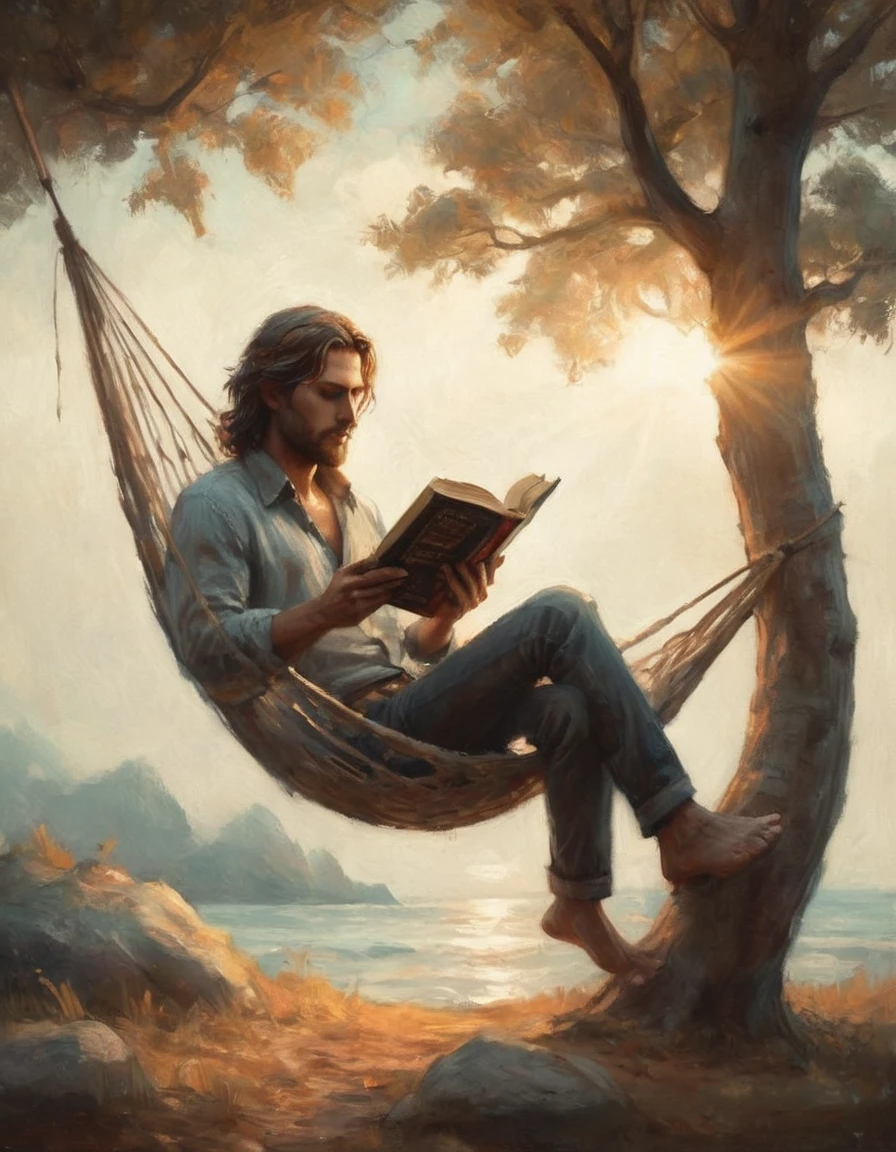 Hyperreal digital art style, "Fairytale", fantasy world coming out of centered book, open book, hyperdetailed double exposure fantasy illustration, masterpiece, cinematic, by Andreas Lie, Luke Gram, photorealism, backlit, gorgeous light, a man with long hair resting in a hammock reading a book