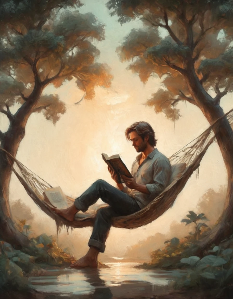 Hyperreal digital art style, "Fairytale", fantasy world coming out of centered book, open book, hyperdetailed double exposure fantasy illustration, masterpiece, cinematic, by Andreas Lie, Luke Gram, photorealism, backlit, gorgeous light, a man with long hair resting in a hammock reading a book