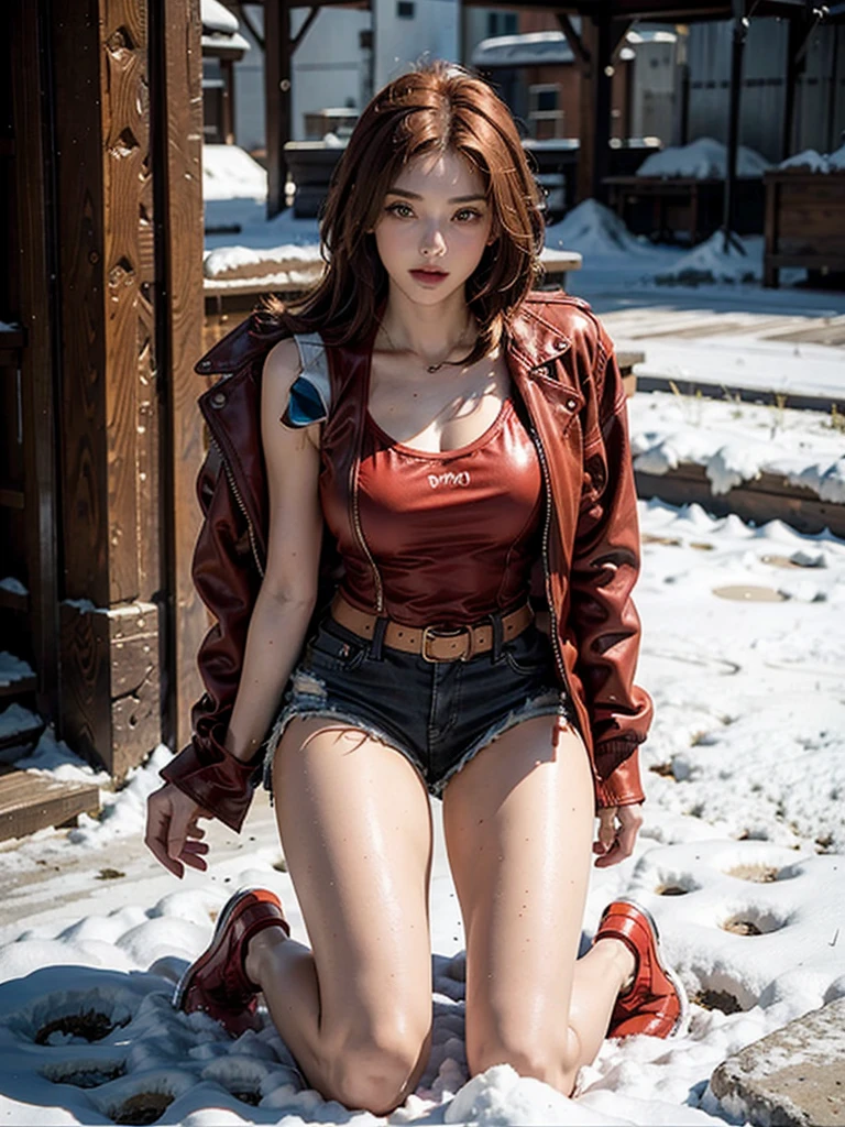 Wearing a brown tube top，Red ultra-short leather vest jacket，Red super shorts，belt，A young girl with short golden hair wearing black women's leather shoes.，Close-up of kneeling on one knee in the snow，Full body close-up