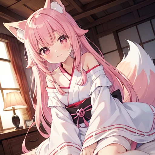 Highest quality, masterpiece, detailed, ( One person),small,cute,blush,smile,Off-the-shoulder dress,White Dress, Pink Hair,Long Hair,Cat ear,(Fox tail),Sit on the futon,From below,Cowboy Shot, Japanese-style room, darkness 