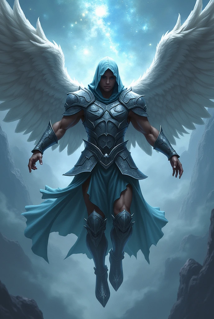(adolescent) (masculine ) (with mixed skin complexion) (Hispanic appearance)( guerrero) ( With Silver Wings) (levitating) and with (warrior armor ) ( con una capucha que cubre They are rostro) and with (a cosmic aura) They are (Face cannot be seen)