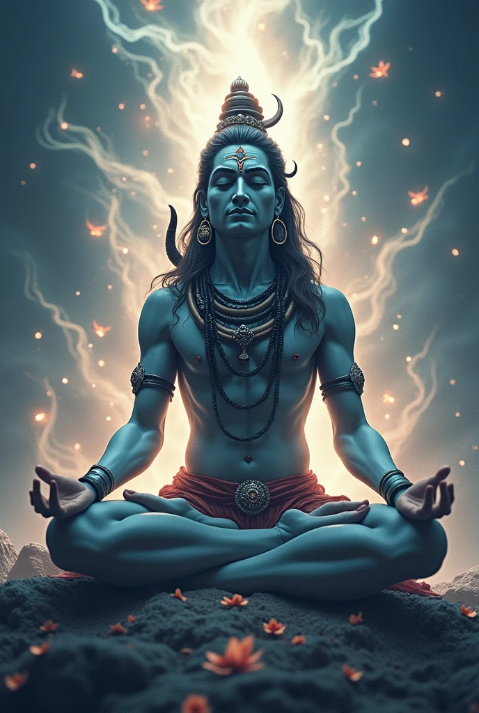 Lord shiva with four hand doing meditation, spiritual aura and energy is coming out from background.