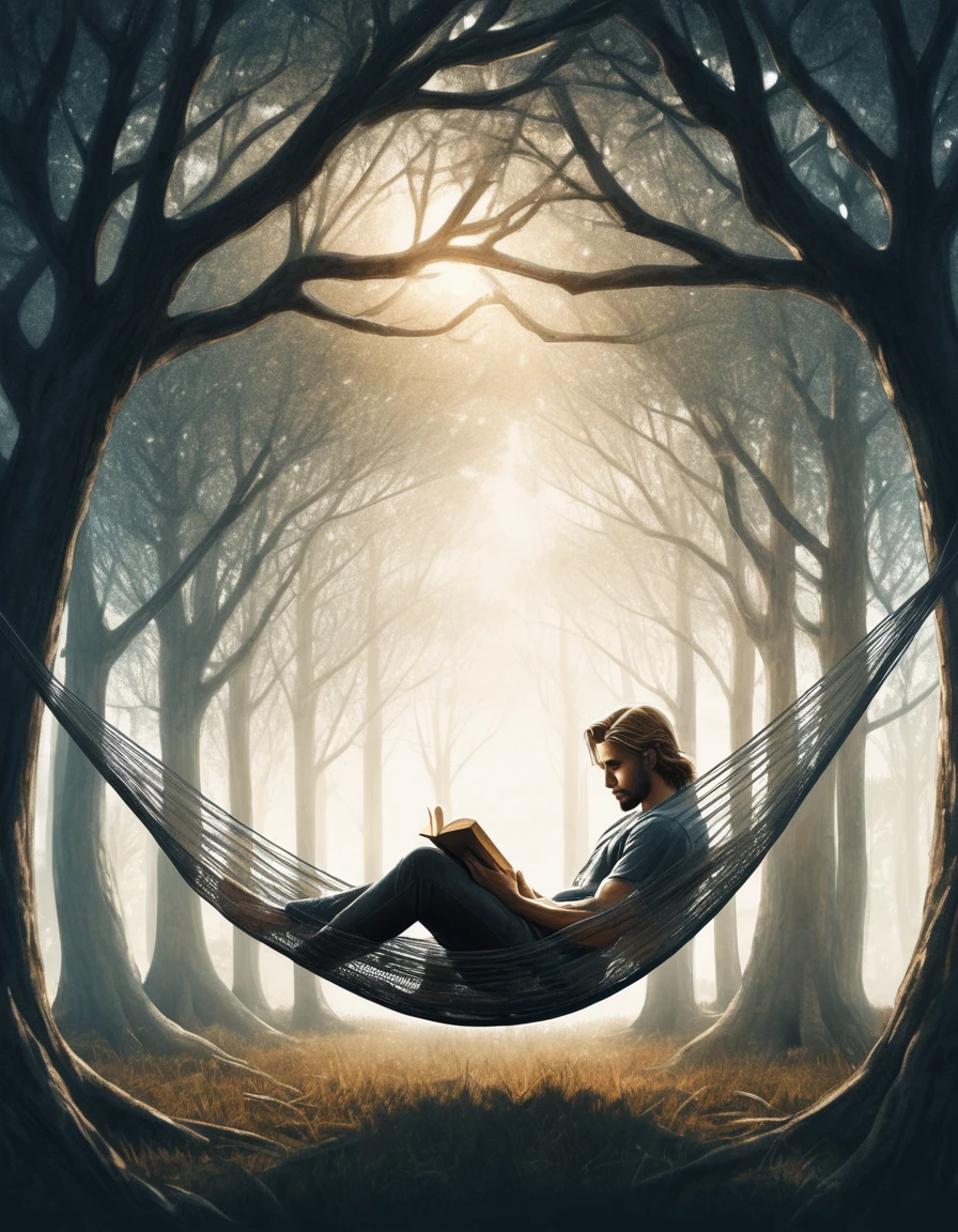 Hyperreal digital art style, "Fairytale", fantasy world coming out of centered book, open book, hyperdetailed double exposure fantasy illustration, masterpiece, cinematic, by Andreas Lie, Luke Gram, photorealism, backlit, gorgeous light, a man with long hair resting in a hammock reading a book
