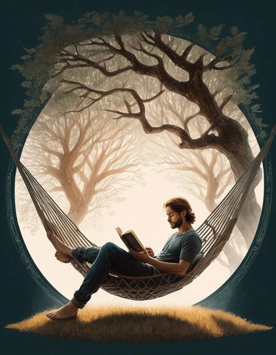 Hyperreal digital art style, "Fairytale", fantasy world coming out of centered book, open book, hyperdetailed double exposure fantasy illustration, masterpiece, cinematic, by Andreas Lie, Luke Gram, photorealism, backlit, gorgeous light, a man with long hair resting in a hammock reading a book
