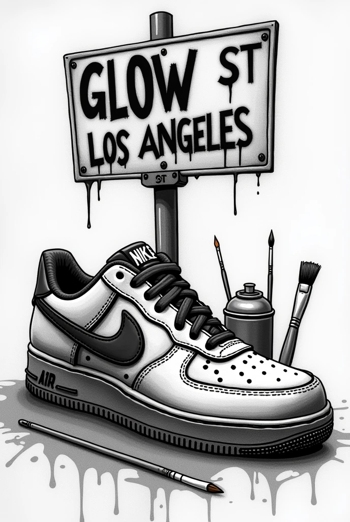 Nike airforce one sketch stained dripped art and street sign that says glow st type los angeles black and white with brushes and spray cans behind vertically don&#39;t forget the brushes and street sign 