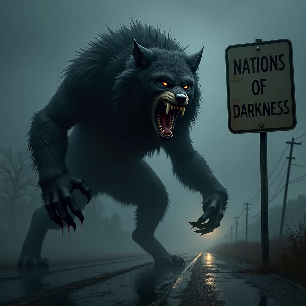Werewolf roaring with mouth wide open,The road sign ahead,The board reads "Nations of Darkness"