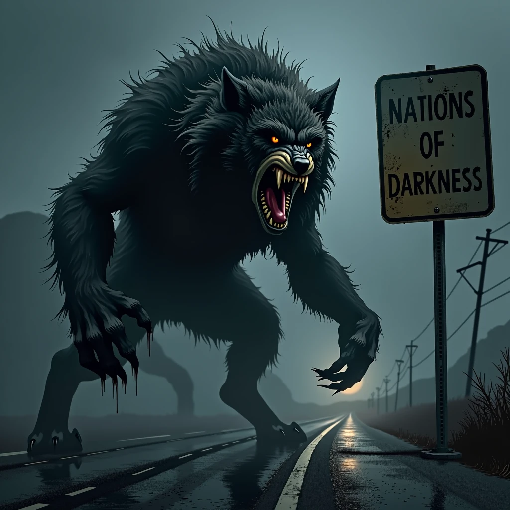 Werewolf roaring with mouth wide open，The road sign ahead，The board reads &quot;Nations of Darkness&quot;