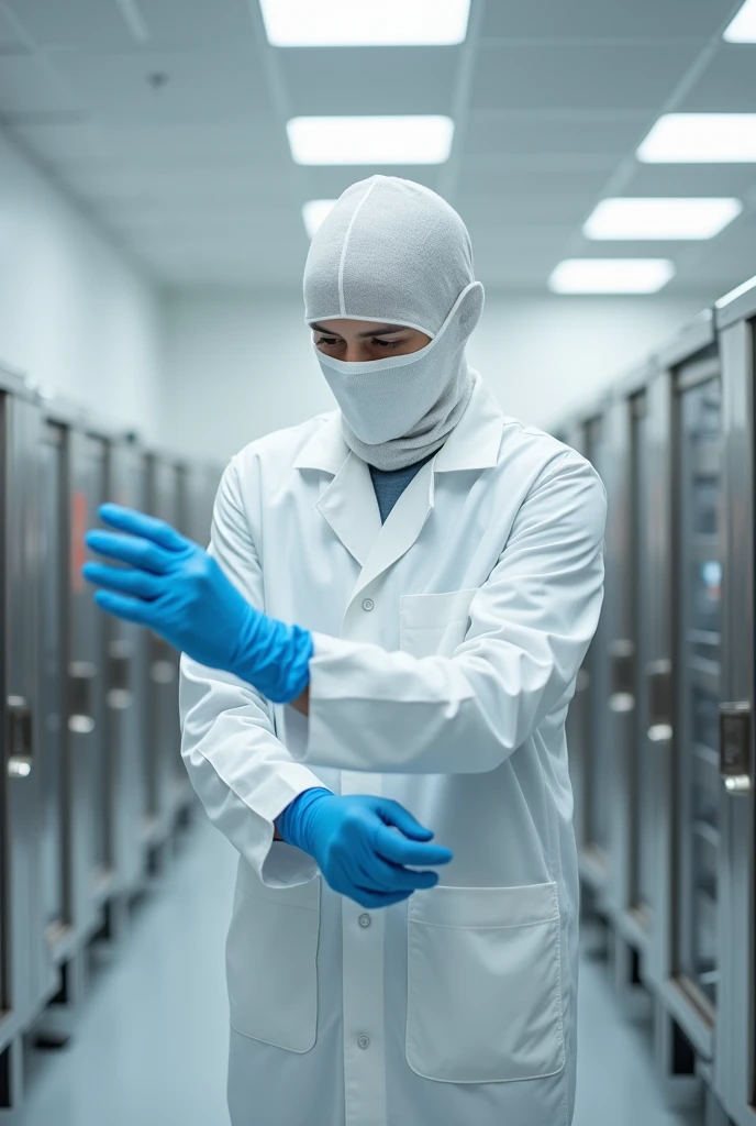 a person in white clothes, labcoat,  protection, with blue gloves, face covered with balaclava, cleaning an internal environment of a food factory, limpo e organizado, White walls, ultra realistic realistic