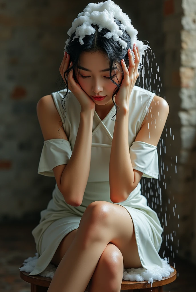 Create an Asian beauty,White traditional cheongsam,Sitting on a stool,Keep your legs together,Scratching the scalp with both hands,Two hands washing hair on top of head,There is a lot of foam and water on the head,Foam wrap head,Realistic foam,Character front position,Real People,Character Close-up,Ancient attic background,9:16 frames,Ultra HD painting